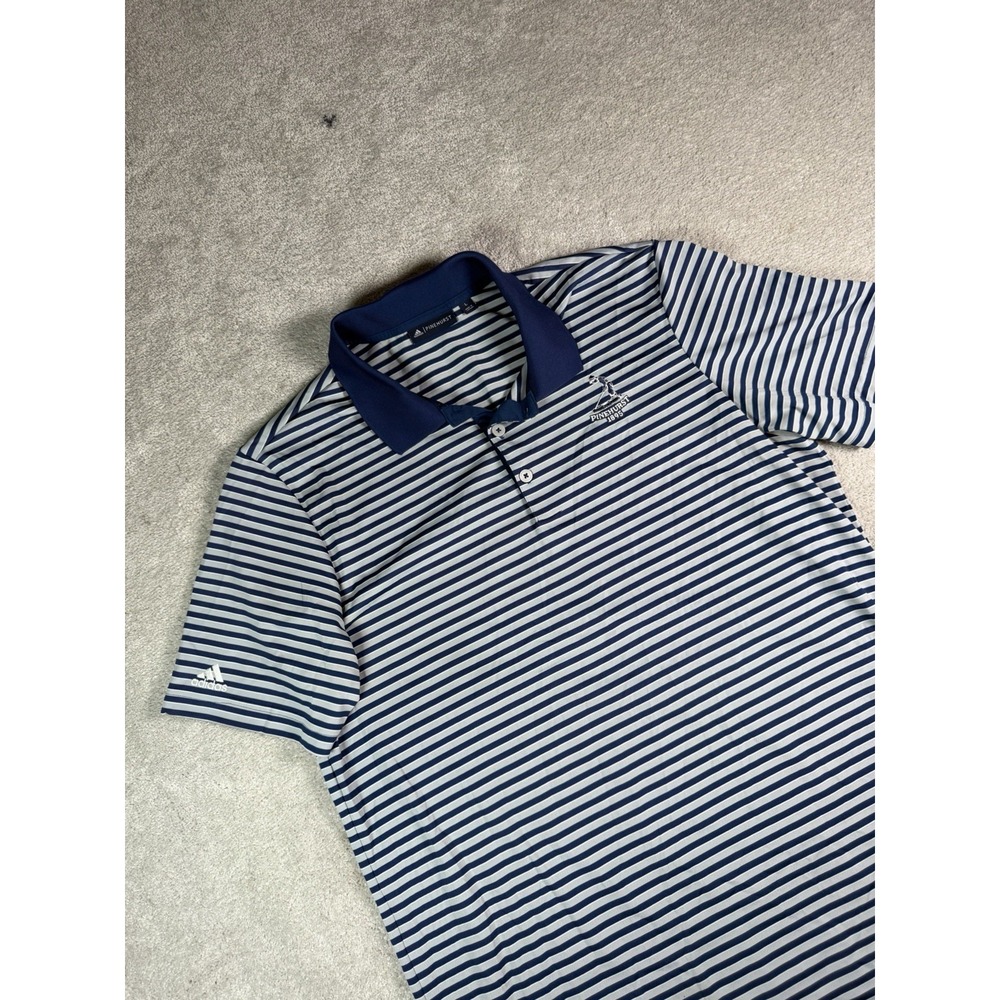 Pinehurst By Adidas_ PINEHURST 1895 Logo Men Blue Stripe Golf POLO SHIRT L